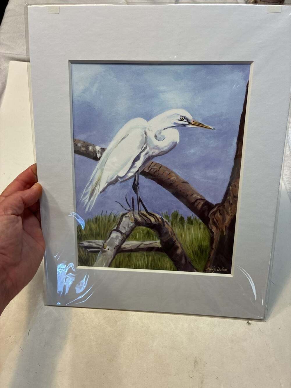 Sally Bohn Egret Bird Painting Print Framed Art